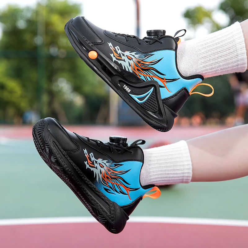 Description Picture 4 of itemChildren's Basketball Shoes Anti Slip New Leather Sports Shoes Rotating Buckle Cushioning Wear-resistant Casual Shoes for Kids