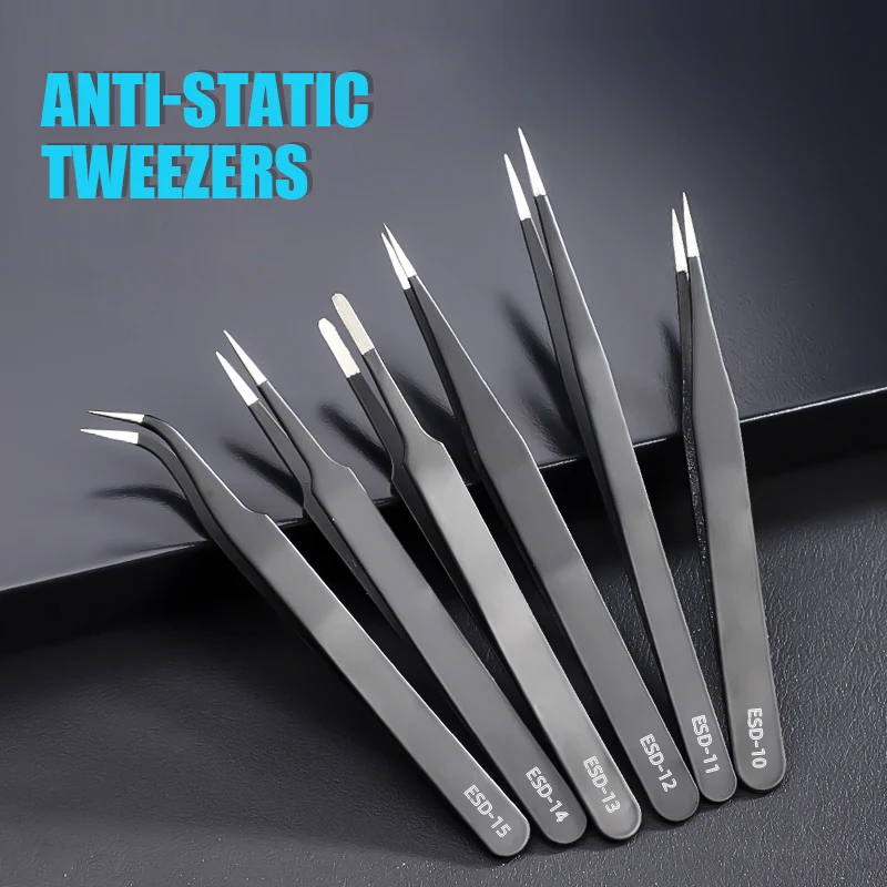 thumbnail image 2 of Aoje-Link ESD-17 Professional Anti-Static Precision Technology Tweezers, Non-magnetic Fine Tip Curved, Stainless Steel Plastic Coated, Full Length 125mm, Black, 4pcs 2 of 12