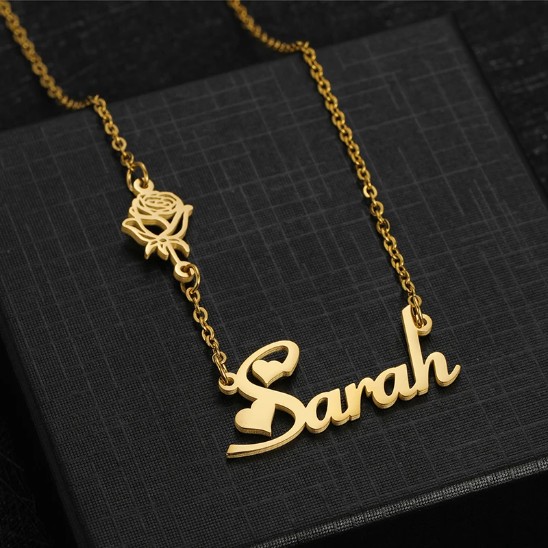 Personalisierte Geburt Blume Kette Namen Halskette Edelstahl individuelle romantische Buchstaben Namen Halsband Anhänger Halsketten Frauen – Detail 4