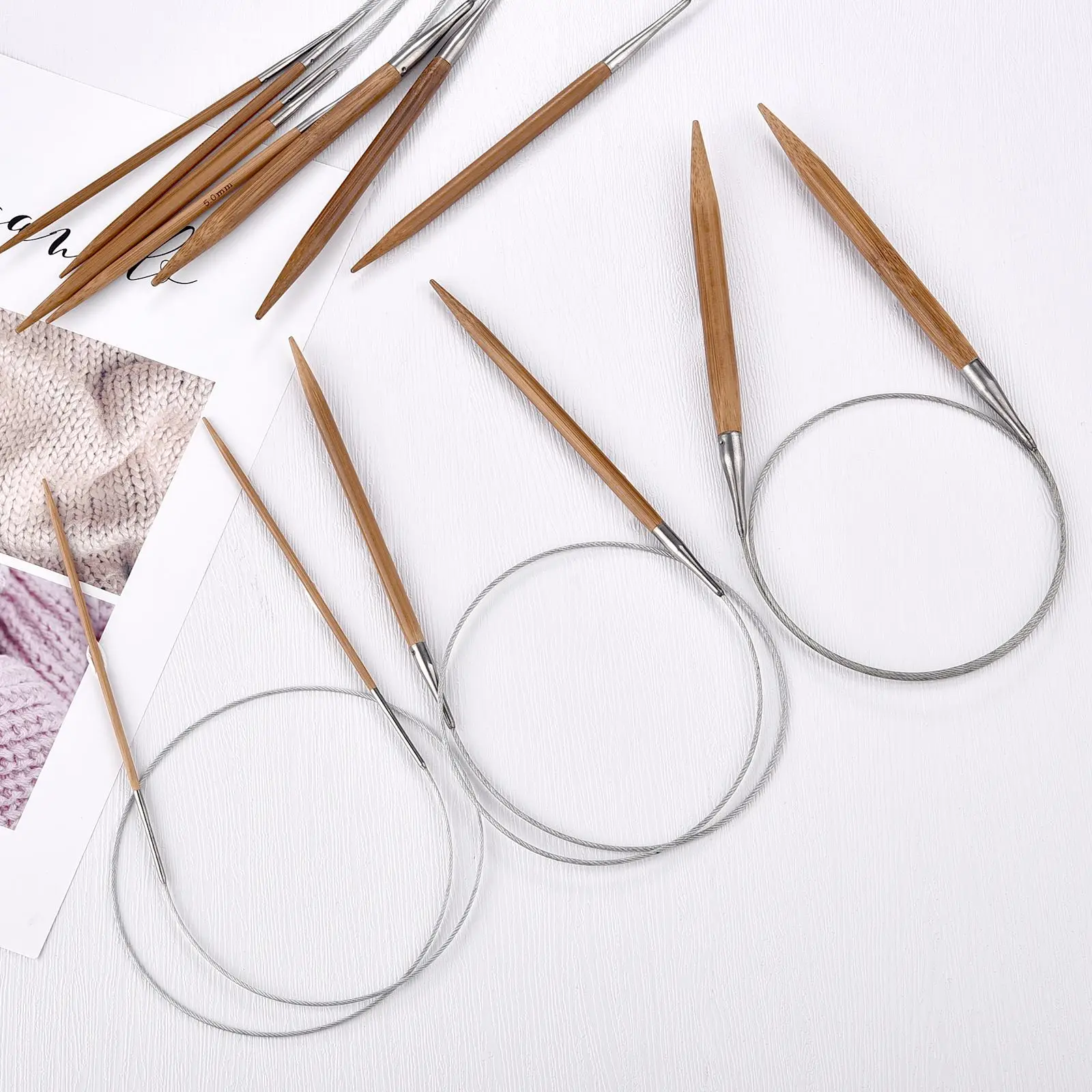 Natural Bamboo Circular Knitting Needles with Stainless Steel Hoop - DIY Hand Sewing Tools Supplies