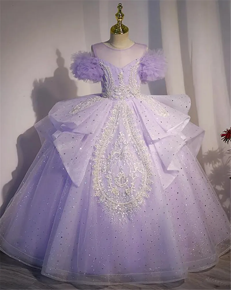 

Luxury Glitter Tulle Princess Flower Girl Dress Pleated Off The Shoulder Prom Dresses Girl Ball Bown Size 1-14T