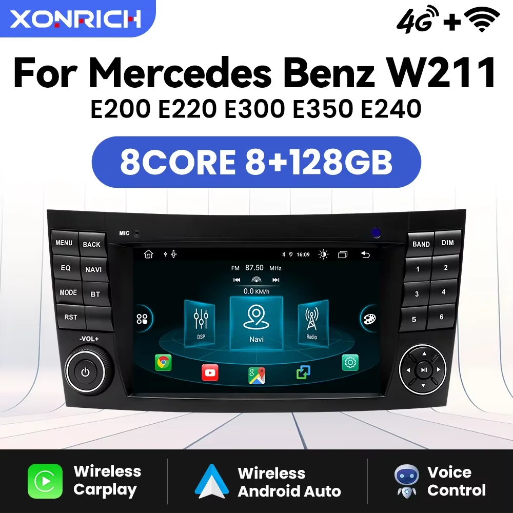 Radio inalámbrica con Carplay para coche, dispositivo con Android 14, estéreo, para Mercedes Benz Clase E W211, E200, E220, E300, E350, E240, E270, E280, CLS class W219 1