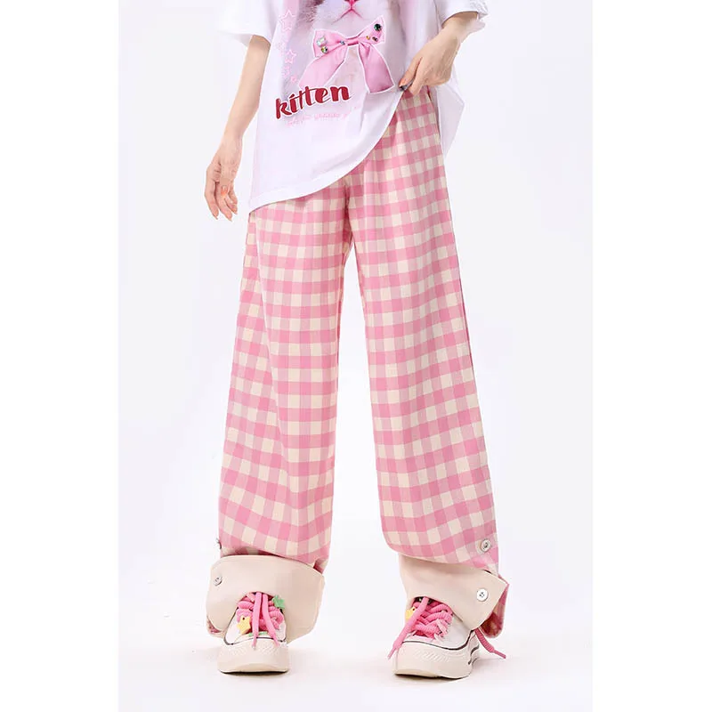 Pink Cute Style Plaid High Waist Casual Trousers Wide Leg Pants 2023 Women's Summer Loose Slimming Straight-leg Long Pants
