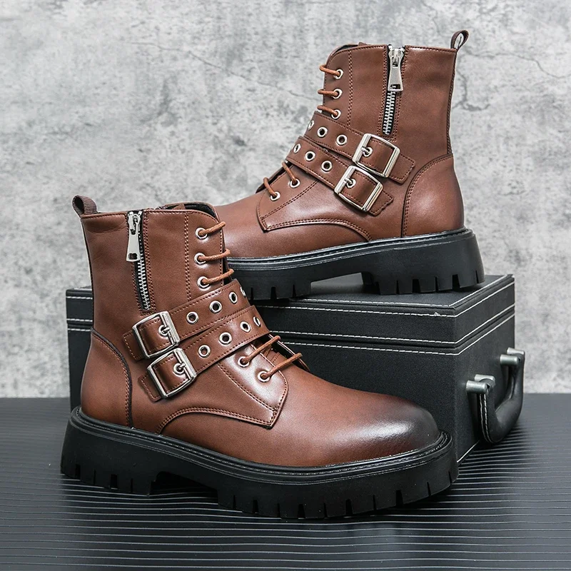 

New Black Motorcycle Boots for Men Brown Lace-up Round Toe Platform Short Boots Western Boots Free Shipping Size 38-45
