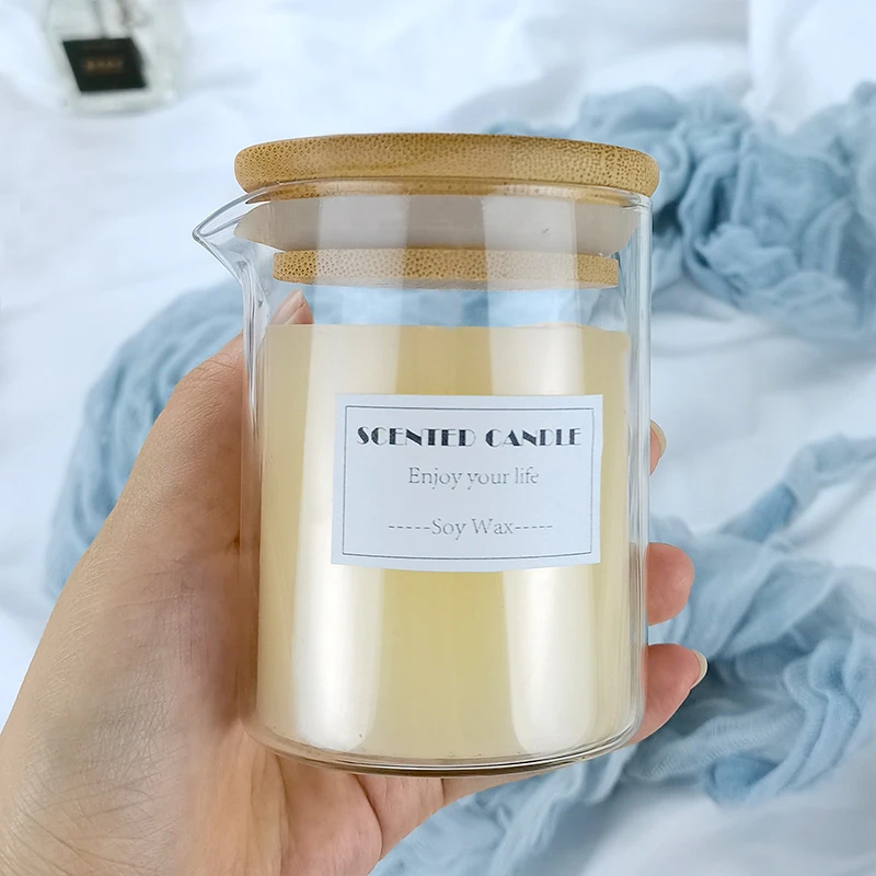 High Borosilicate Glass Candle Jar Massage Spout Container with Bamboo