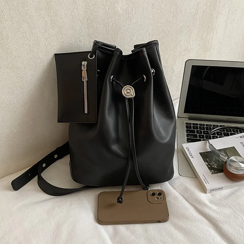 2 Teile/satz Eimer Design Umhängetasche 2026 Neue Solide Pu Leder Schulter Geldbörsen und Handtaschen Casual Anti-diebstahl Brust Tasche schwarz – Detail 2