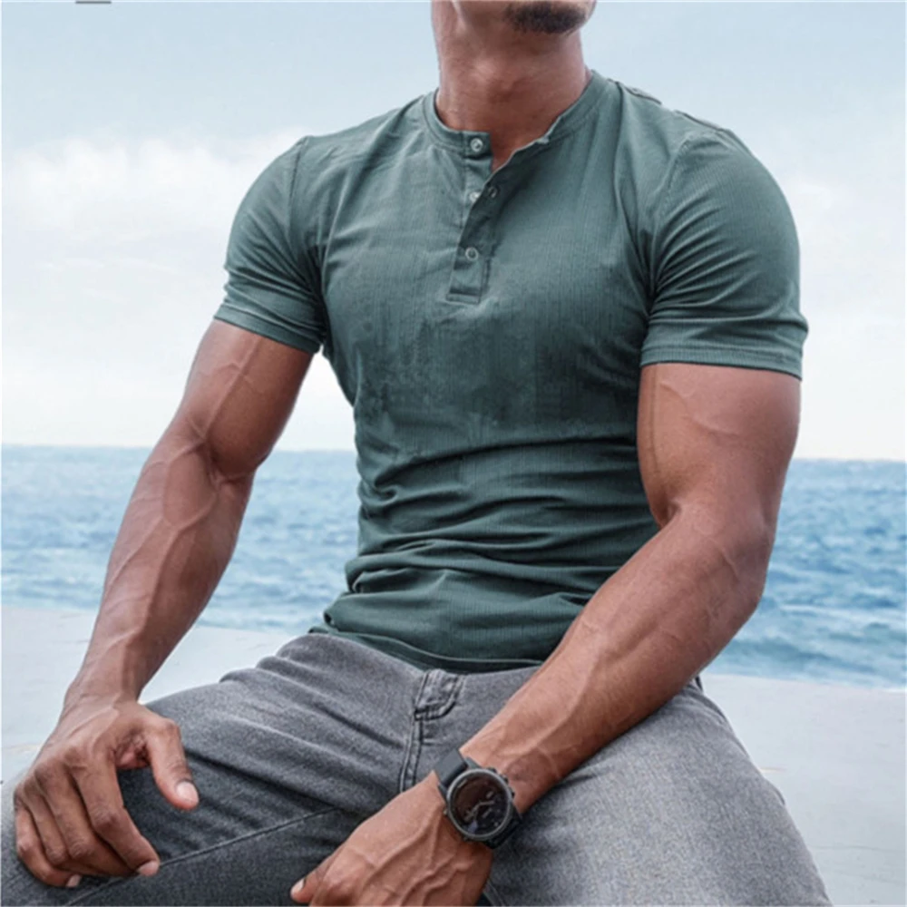 

Summer New T-Shirt Men Fashion Solid O-neck Button Stitching Short Sleeve Pullover Male Tops Harajuku Top Tee