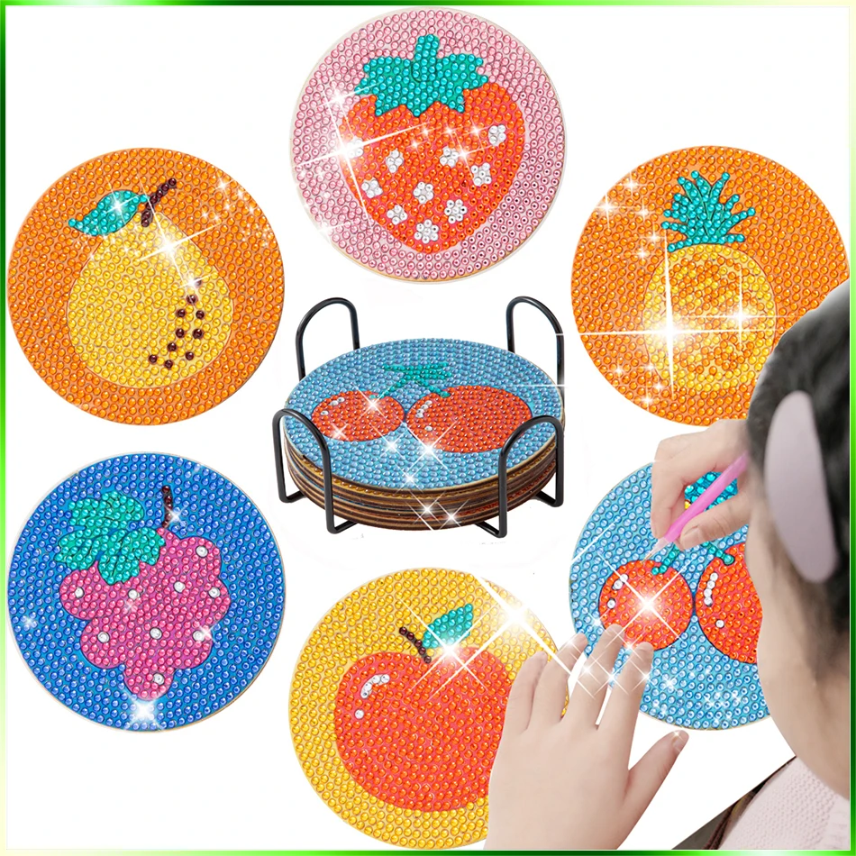 

CHENSITORY 6PCS/Set Fruit Pattern DIY Diamond Painting Coaster Embroidery Coaster Cup Cushion With Rack Table Placemat Cup Mat