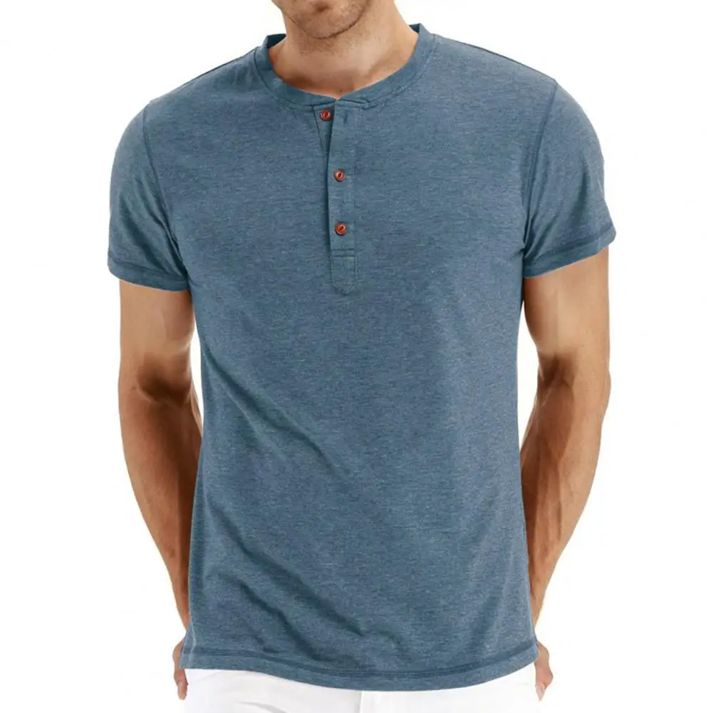 70% Hot Sell Men T-shirt Round Neck All Match Summer Short Sleeve Buttons Sweatshirt for Dating |