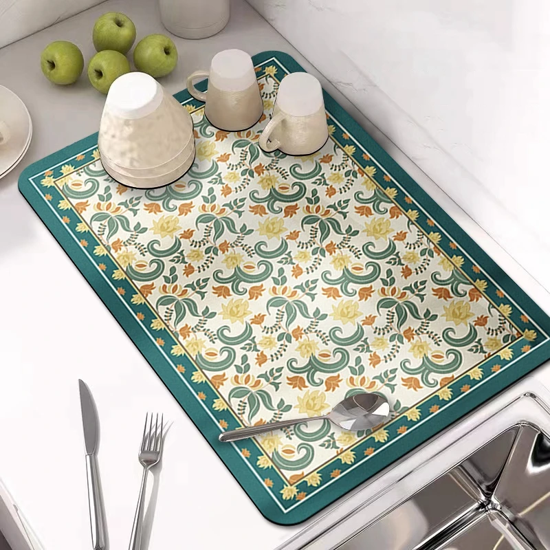 Description Picture 5 of itemRetro Patterned Kitchen Countertop Mat Restaurant Drain Absorbent Pad Anti Mold Quick Drying Pad Non Slip Placemat Home Decor