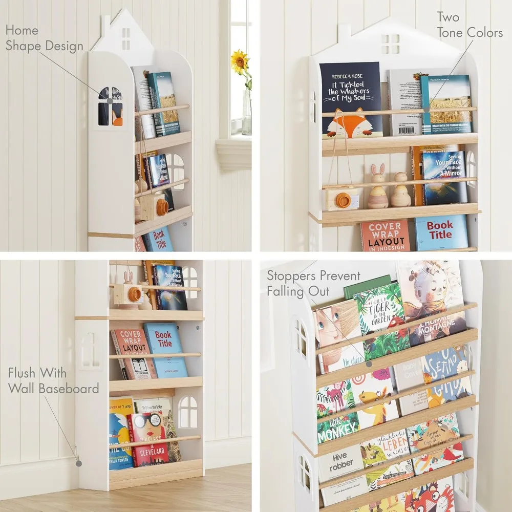 Kids Bookshelf Wall Mounted, 4-Tier Book Shelf Organizer, Tall Wooden Children's Bookcase, Storage Book Rack for Kids Room