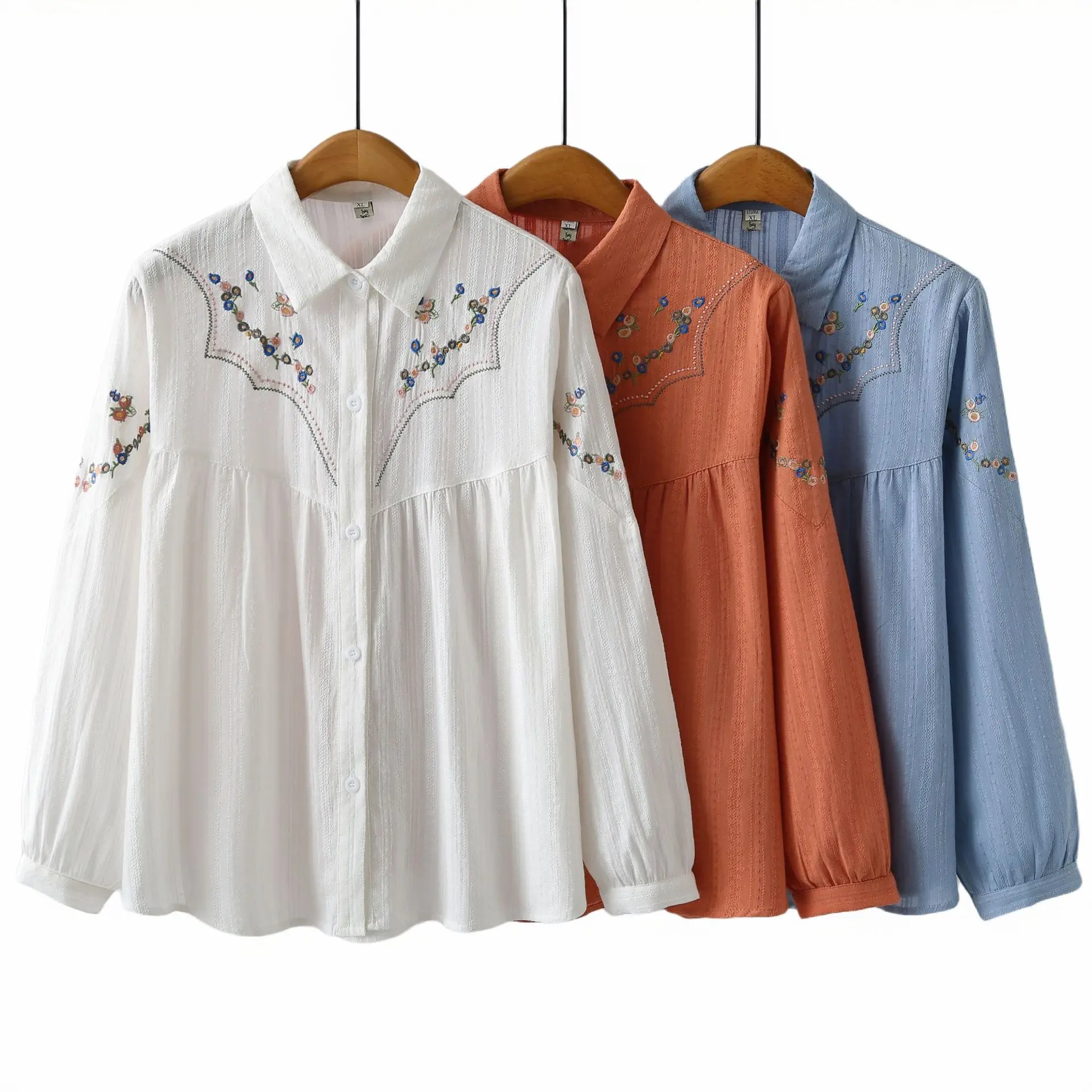 Fashion Plus Size Women's Blouses 2025 Spring And Autumn Elegant Chinese-style Embroidered Lantern Sleeve Jacquard Cotton Shirt