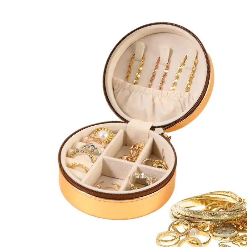 

Jewelry Travel Organizer Portable Round Mini Jewelry Box PU Leather Jewellery Ring Organizer Case Storage Gift Box For Rings