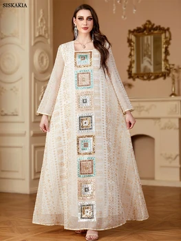 Siskakia Muslim Sequins Patchwork Dresses Women's Jalabiya Ramadan Moroccan Dubai Mesh Fashion Kebaya Casual Loose Abayas 2024
