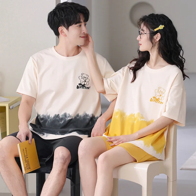 New Summer Cotton Short Sleeve Women Pajamas Set Couple Pijamas Lover Round Neck Short Pants Sleepwear Men Home Clothes Dropship