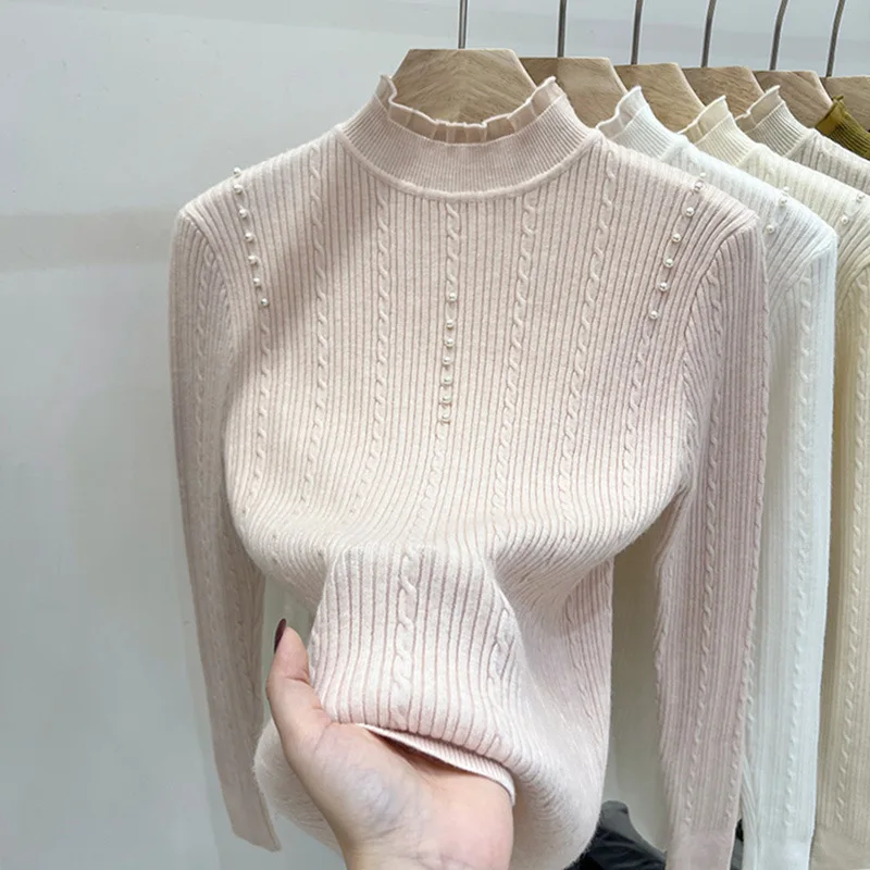 Women Autumn Knitted Sweater Long Sleeve Twist Pearl Slim Top