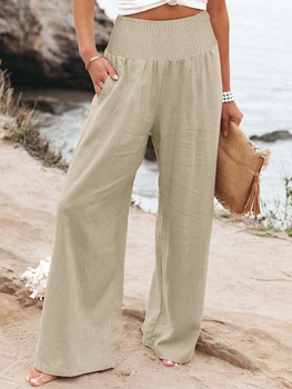 Pantalon taille haute en coton et lin pour femme, taille haute, jambes larges, élastique, rétro, mode décontractée, printemps été 1