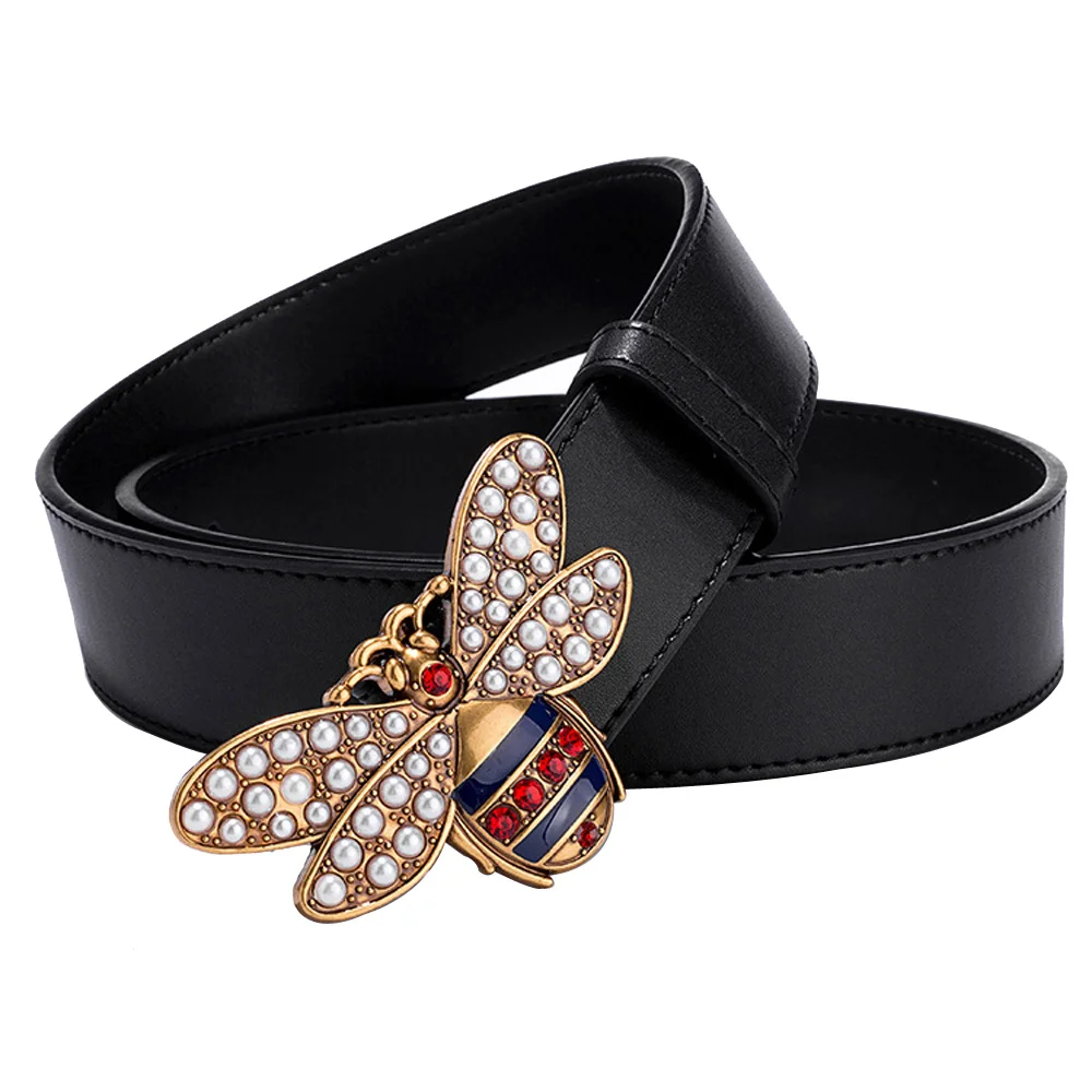 Cheapify Dropshipping Crystal Decoration Golden Bee Buckle Design Men Genuine Leather Belt 38mm High-grade Male Jeans Gifts