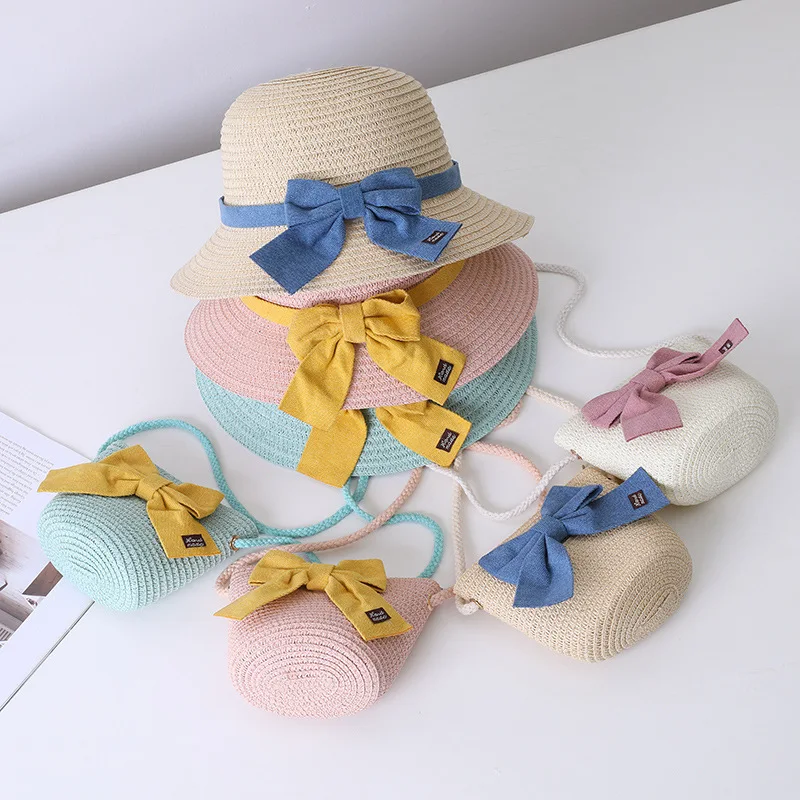 

Children's bow straw hat bag set Spring summer female treasure outdoor travel sun protection hat Fashion beach hat