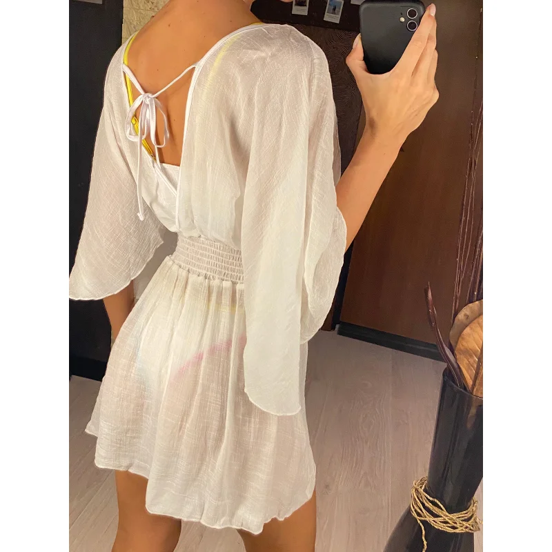 New Sexy V Neck Long Sleeve Backless Chiffon Tunic Beach Cover Up Beach Cover-ups Beach Dress Beach Wear Beachwear Bathing Suit
