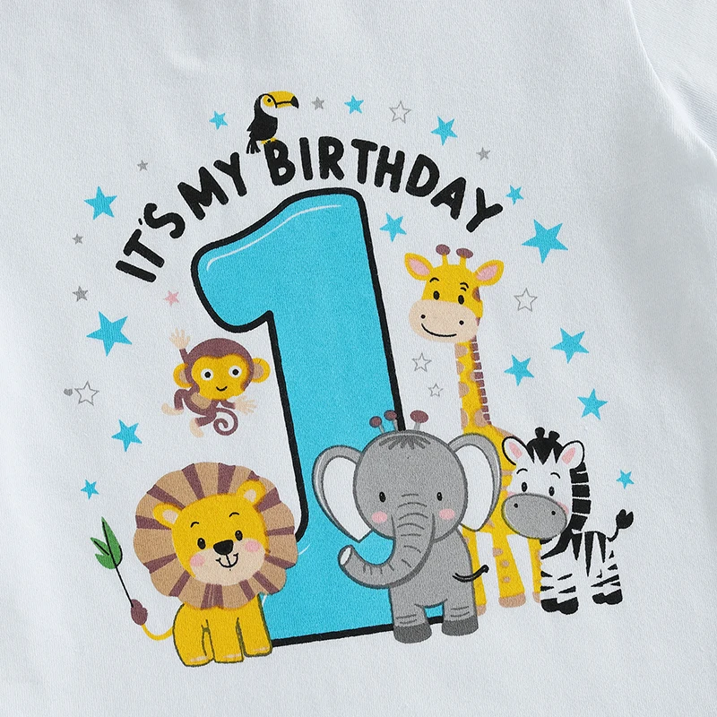 First Birthday Outfits Baby Boy Summer One Birthday Clothes Toddler Boys Number Pattern Animal T-shirt Rolled Shorts