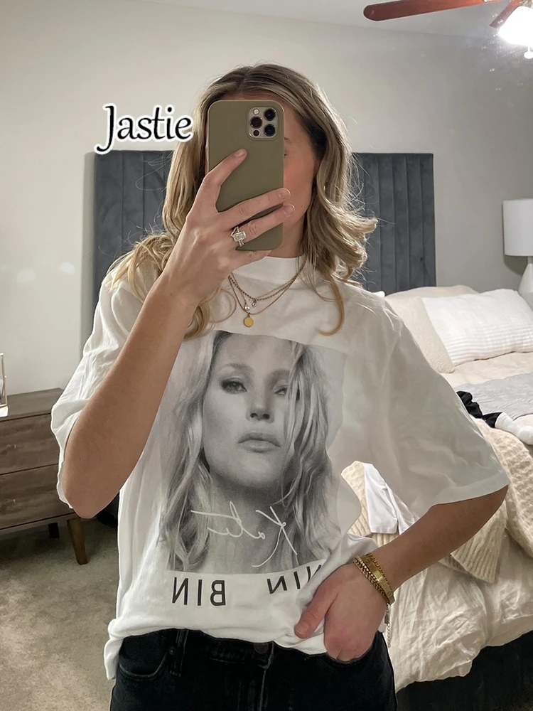 

Jastie Portrait Letter Printed Women's T-Shirt Cotton Short-sleeve Summer T-shirt O-Neck Hight Street Fashion Tee Pullover Tops