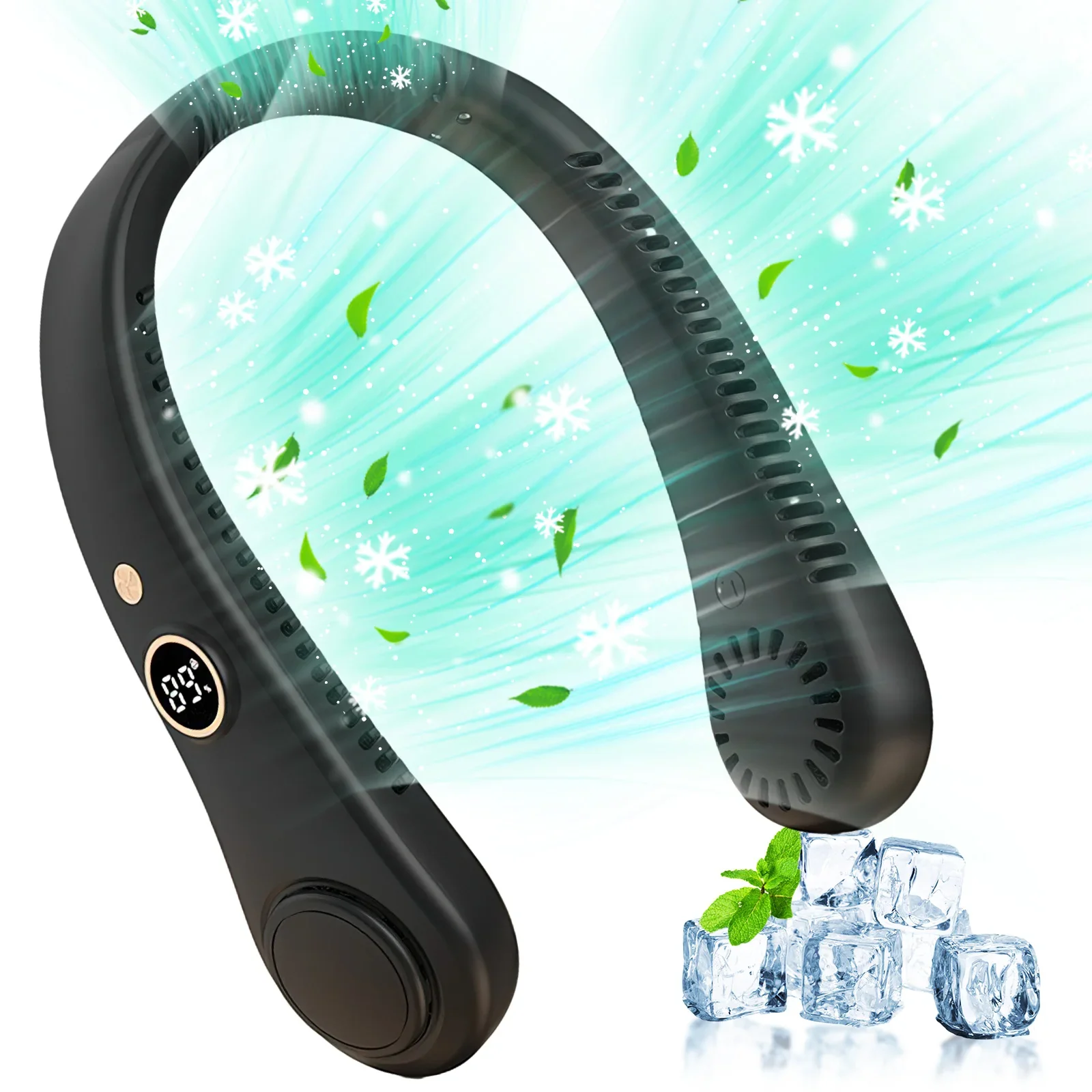 مروحة صغيرة محمولة معلقة للرقبة، شاشة ديجيتال، تبر...