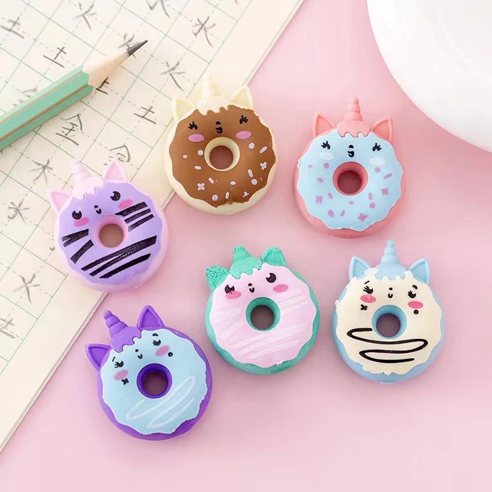 4 Stuks Schattige Kawaii Eenhoorn Donut Rubber Gum Creatieve Potlood Gummetjes Schoolbenodigdheden Kids Studenten Coole Prijzen