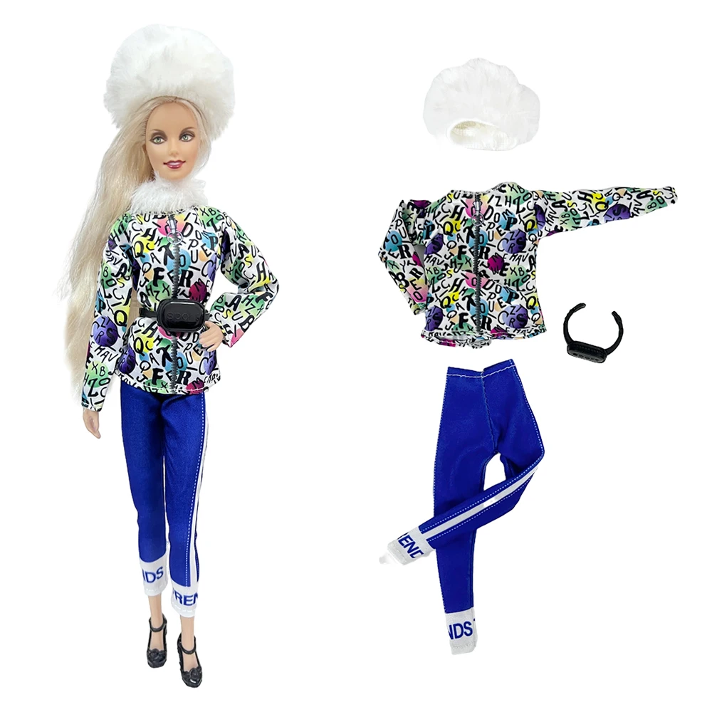 

NK Official 4 Pcs Princess doll sports girl clothing: white hat+letter coat+pants+bag For Barbie Doll 1/6 accessories TOY