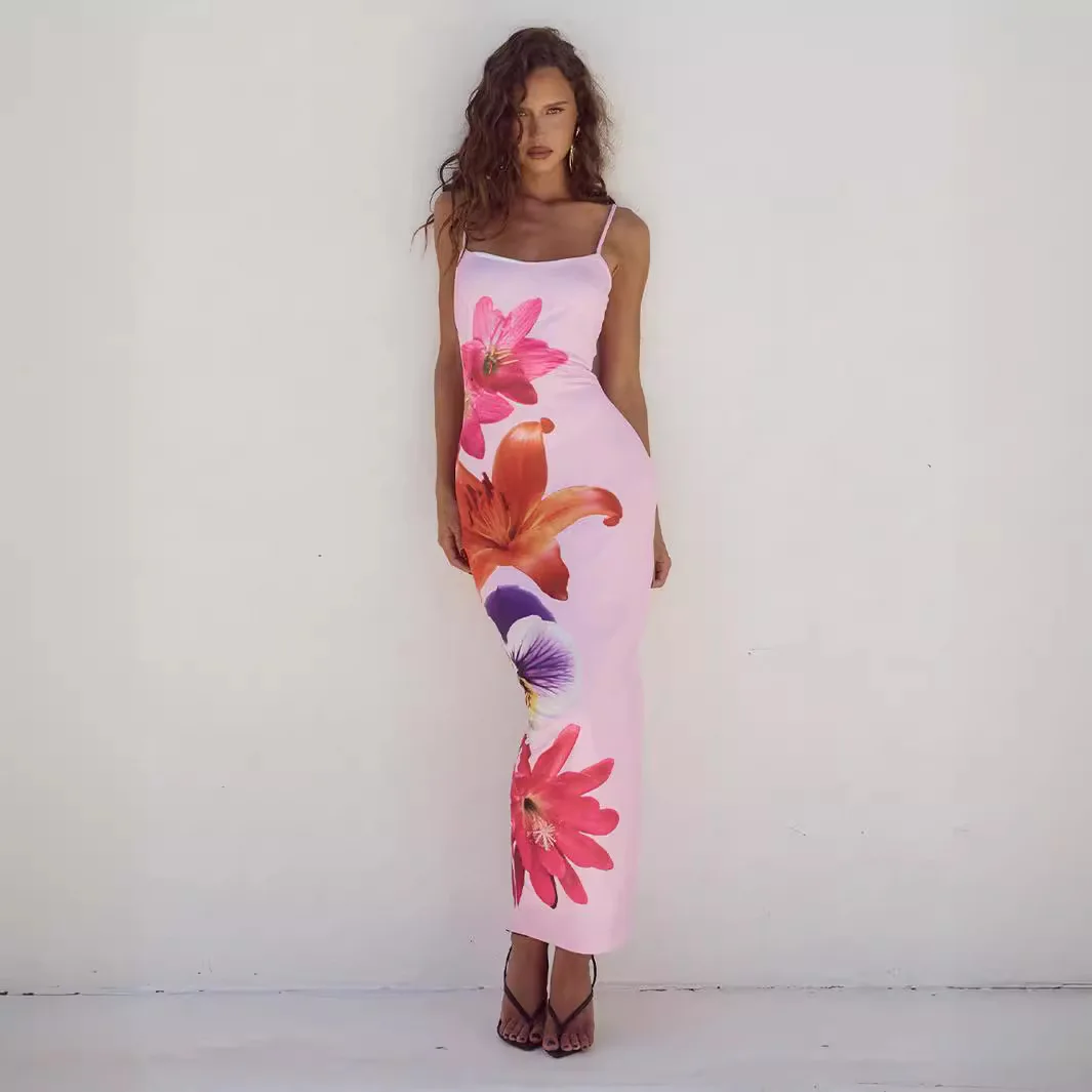 

2024 Women's Summer New Floral Print Sexy Spice Sleeveless Halter Line Neck Mid-Waist Mid-Length Dress Holiday Wind Beach Dress