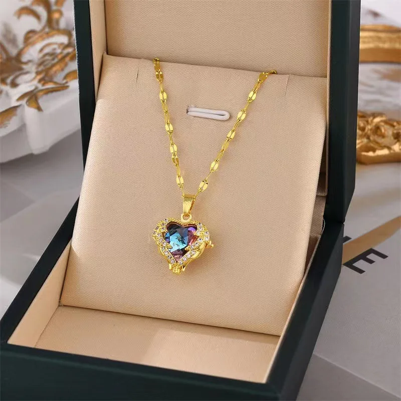 Luxury Colorful Crystal Ocean Heart Pendant Necklace Female Wedding Neck Chain For Women Jewelry