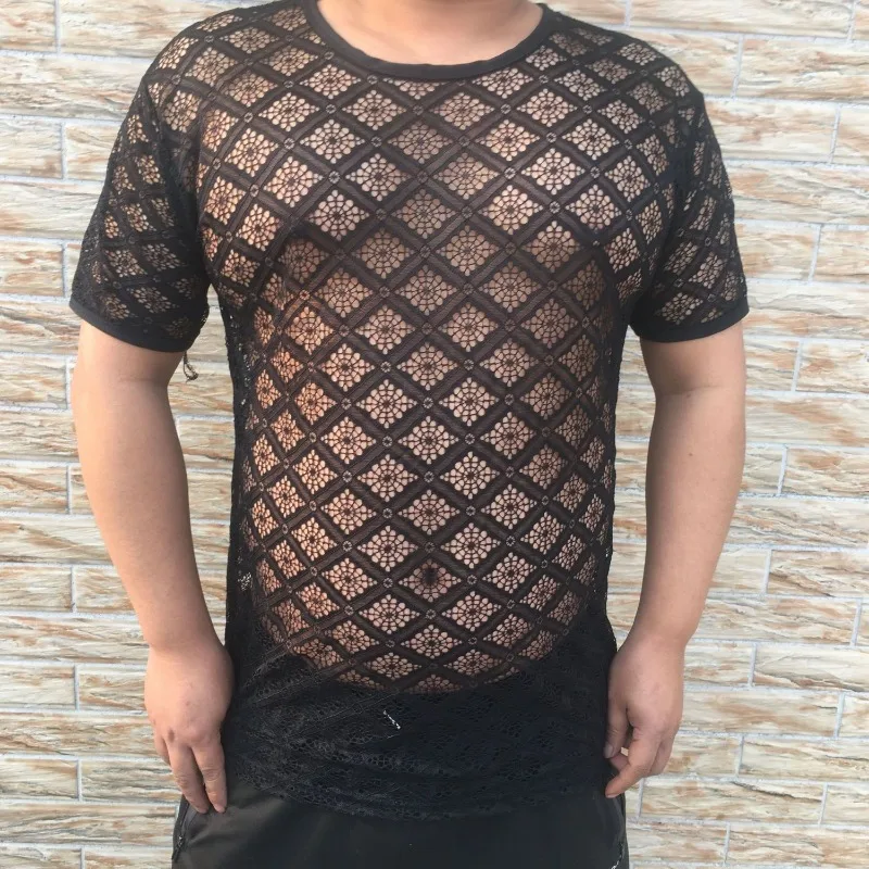 

Summer Ice Silk Hollow Out Men's 2024 New Pullover O-Neck Patchwork Printing Fashion Comfortable Slim Short Sleeve T-Shirts Tops
