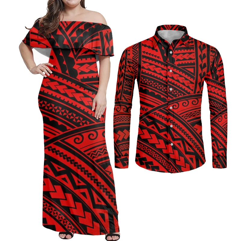 

HYCOOL Polynesian Samoa Tribal Couple Clothes Valentines Sexy Off Shoulder Long Maxi Red And Black Dress For Women Wedding Party