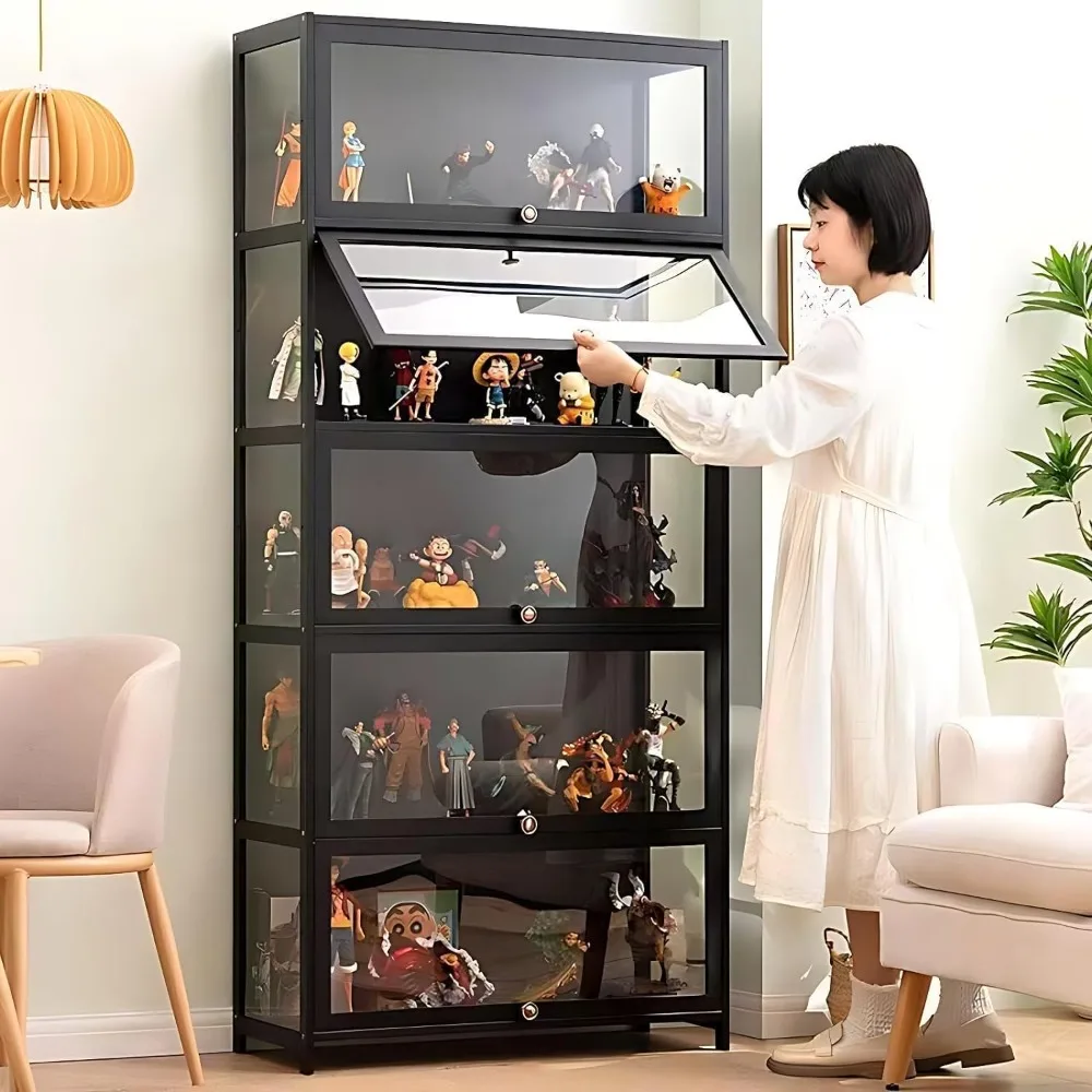 "5-tier acrylic door curio cabinet for collectible figures and toy display organizer rack"