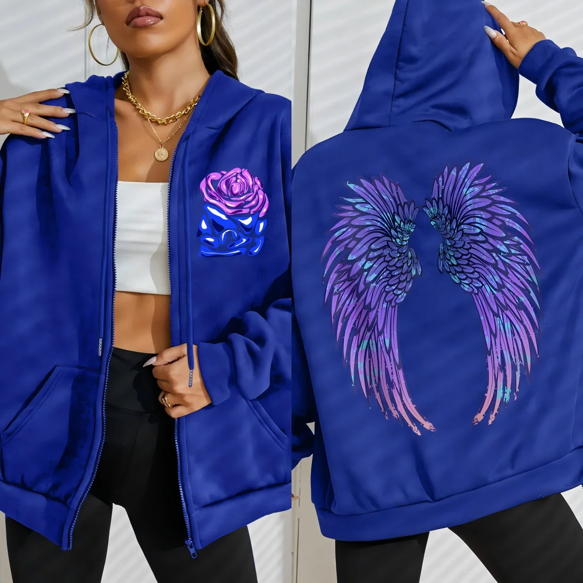 Coole Lila Kreative Flügel Rose Print Frauen Zipper Hoody Mode Lose Sportswear Casual Fleece Hoodie Herbst Hip Hop Trainingsanzug – Detail 11