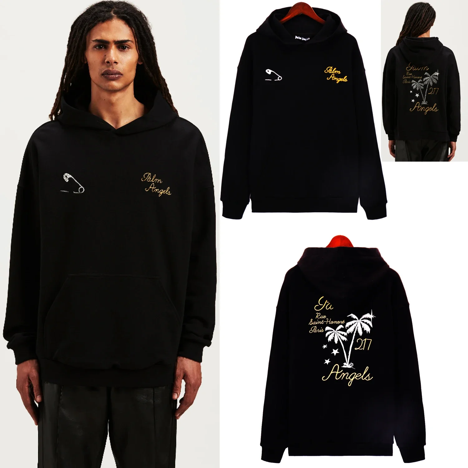 

PALM ANGELS Gold Embroidered Logo Hoodie Trend Fashion Men's And Women's Crew-Neck Hoodie