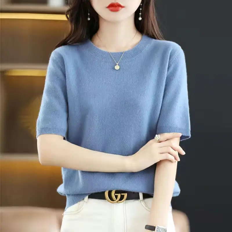 Women Spring O Neck Thin Knit Linen Shirt