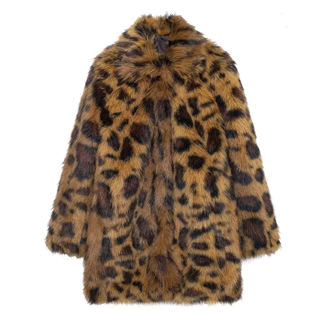 thumbnail image 1 of HH TRAF Chaqueta cálida con efecto de piel sintética para mujer, abrigo de invierno 2024, chaqueta de manga larga con cuello vuelto y estampado de leopardo para mujer, 1 of 4