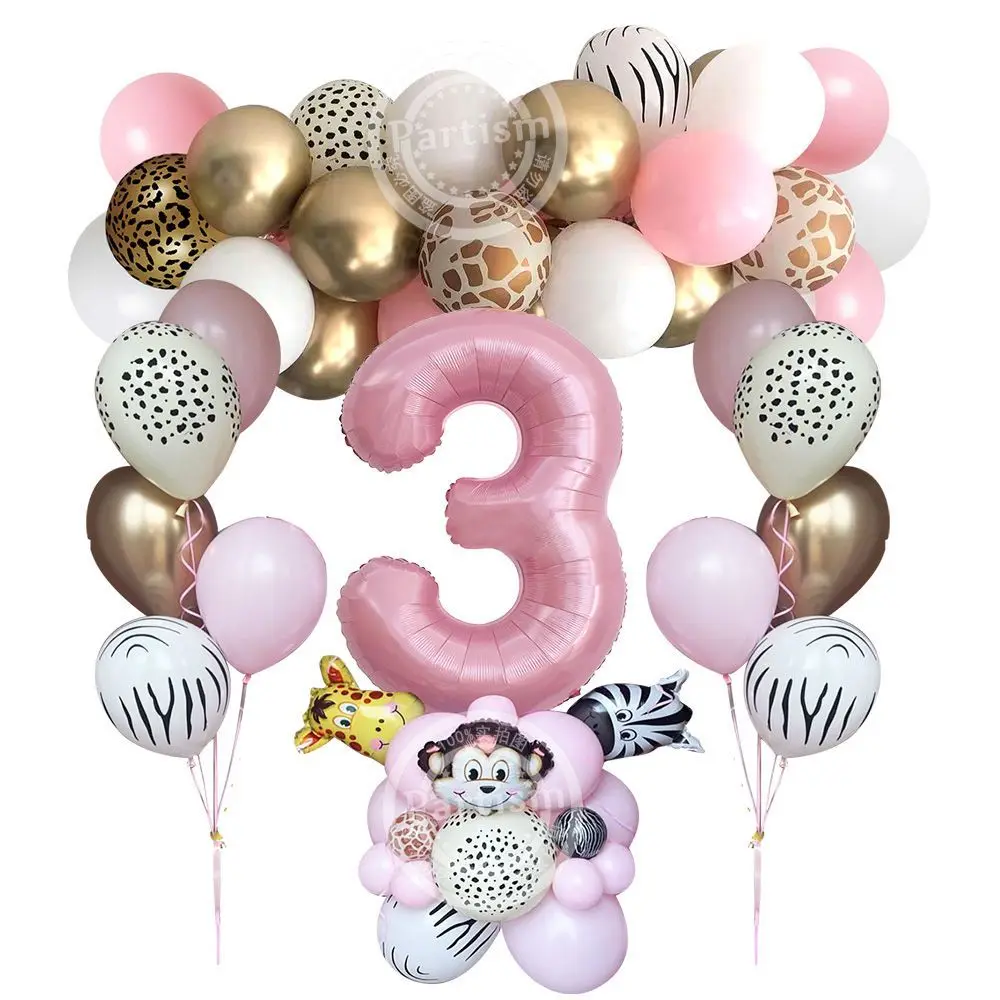 

1SET Girl's Wild Animal Themed Party Balloon Tower with Pink Number Balloon for Jungle Safari Forest Birthday Party Decorations