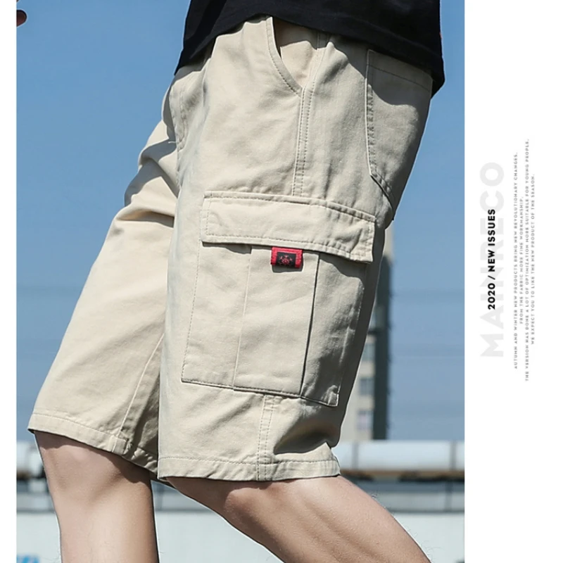 

100 Cotton Cargo Shorts Men's Summer Retro Casual Elastomer Waist Multi-Pocket Straight Pants Climbing Hunting Loose Work Pants