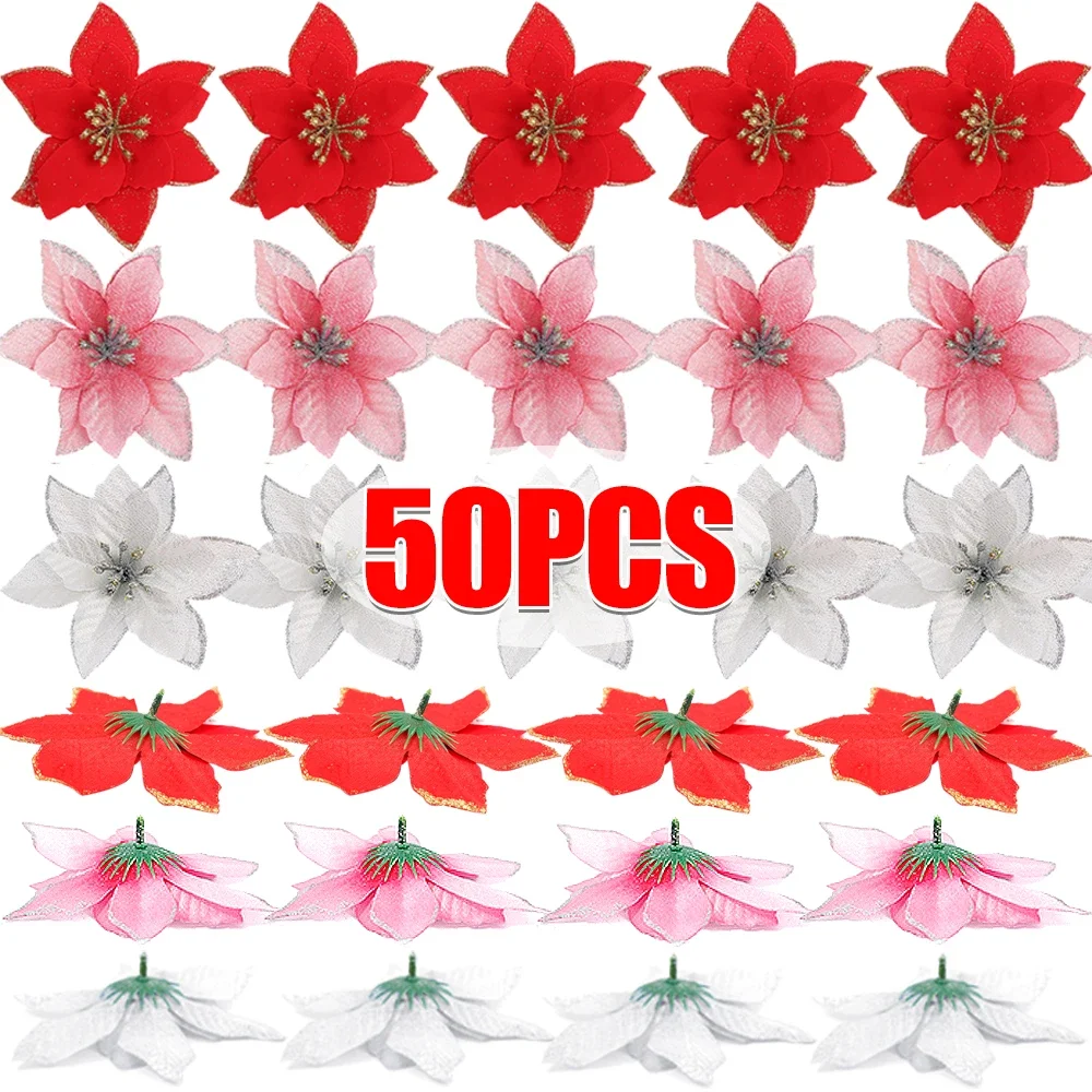 Artificial Glitter Xmas Flower Poinsettia Flower Head Christmas Tree Wreath Ornament Home Decoration Navidad New Year Decoration