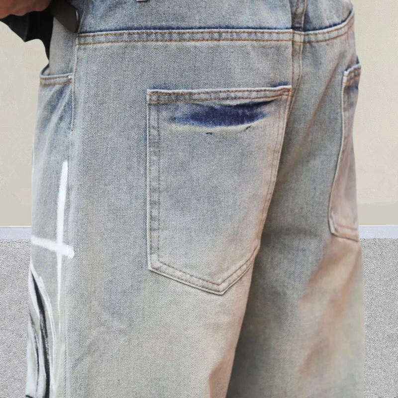 2026 Cyber Y2K Style Flammen-Graffiti Distressed Blaue Baggy Jeans für Herren – Neue Rock Dark Streetwear Denim-Hose – Detail 14