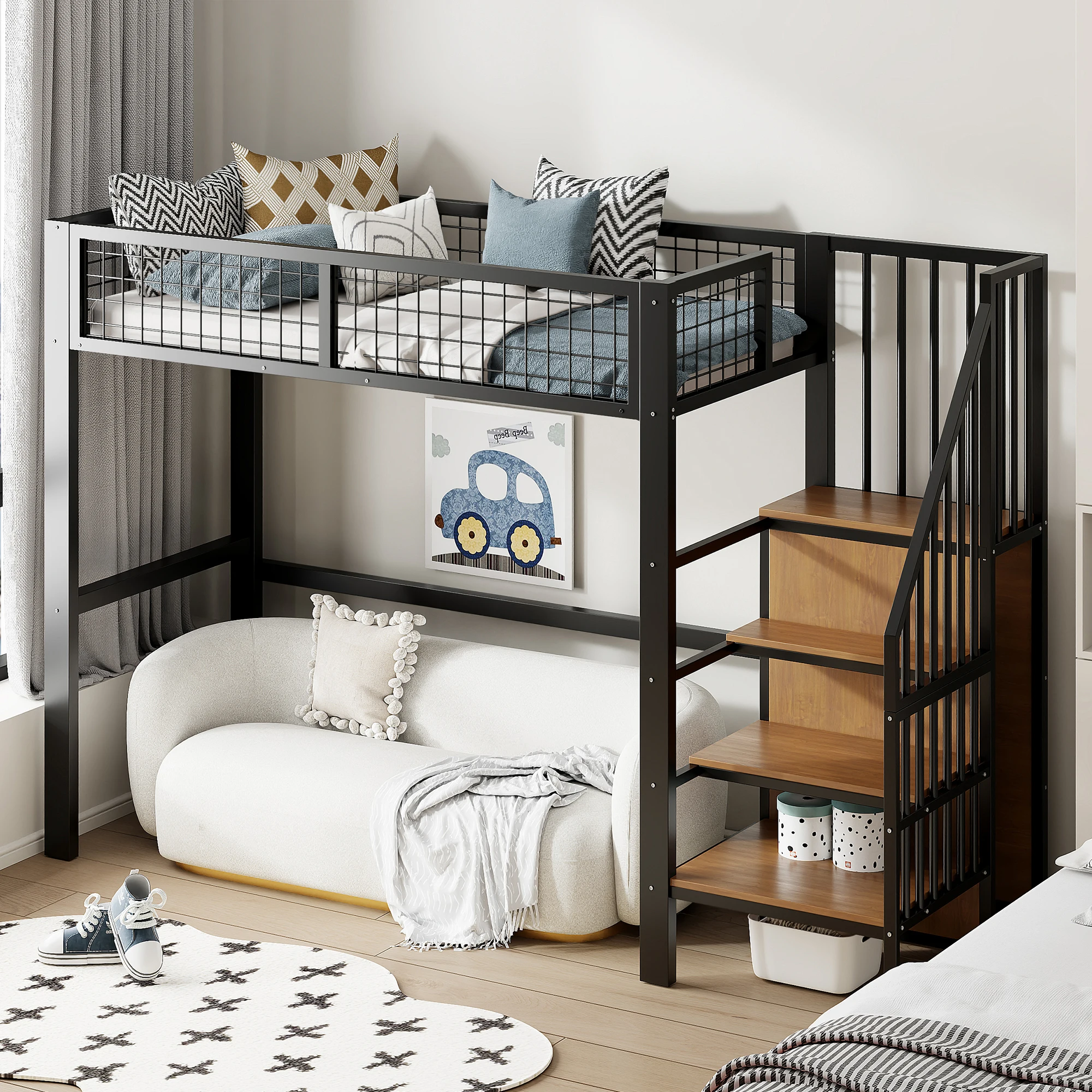 KOMHTOM Kinderhochbett 90x200 cm mit Eisenrahmen Leiter Aufbewahrungsregal und Kleiderschrank – Detail 3
