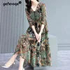 Vintage Elegant Floral Printing Button Chiffon Dresses Summer 2023 Half Sleeve V-Neck Loose Pullover Midi Dress Ladies Clothing