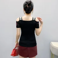 Sexy Off Shoulder T Shirt For Women Luxury Flower Diamonds Short Sleeve Tee Summer Fashion Womens Mesh Tee Shirts Top - Image 2
