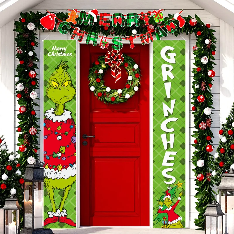 

New Christmas Couplet Holiday Party Decorations Porch Flags Door Curtains Green Fur Monsters 30 * 180cm Christmas Couplet Gifts