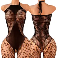 Ensemble une pièce en dentelle pour femme, lingerie sans entrejambe, combinaison moulante, soutiens-gorge ouverts, bas de corps, col licou, sous-vêtements transparents 1