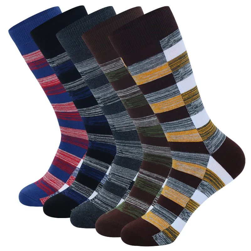 

5 Pairs Mens Dress Socks stripe Plus Size，High Quality Combed Cotton Crew Socks，Black Cool Breathable Casual Socks for men