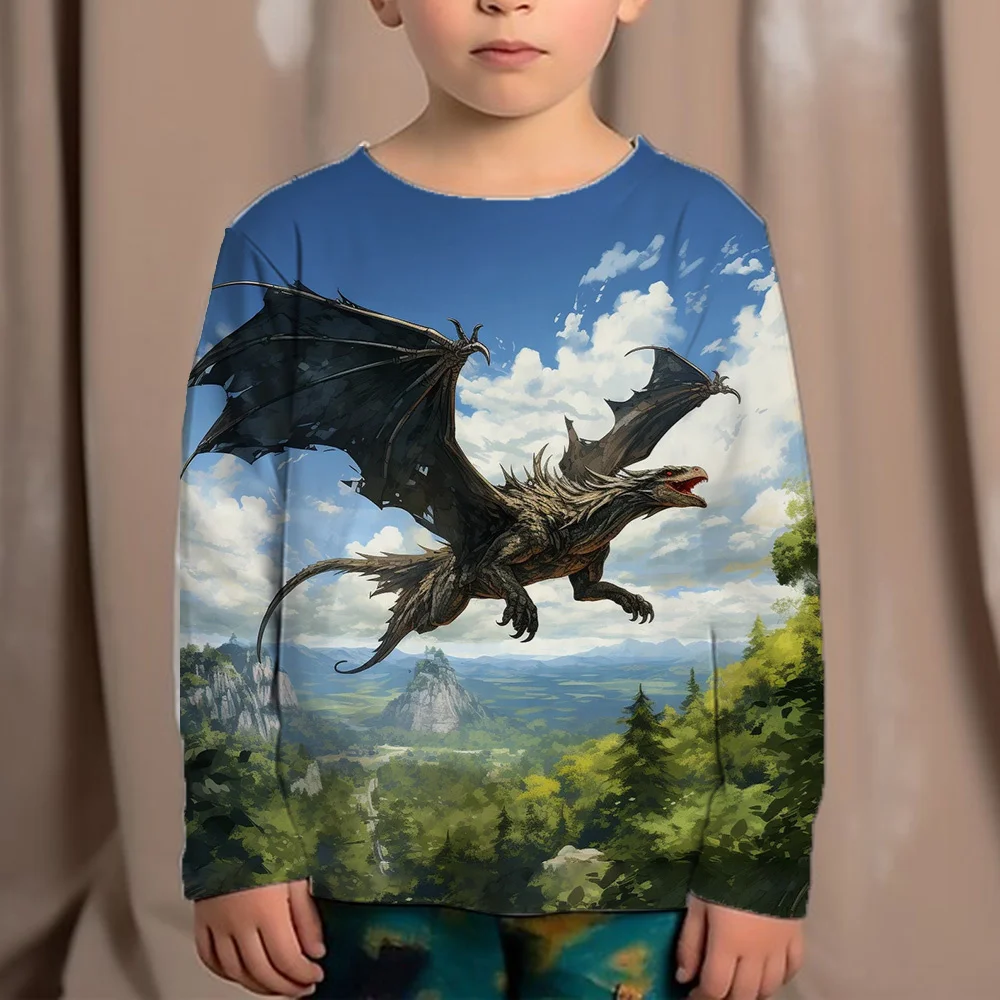 

Korean Children's Clothing 2023 Kids Replica Brands 3d Print Animals Dinosaur Tops For Boys Fashion Autumn T-Shirt Full Sleeve