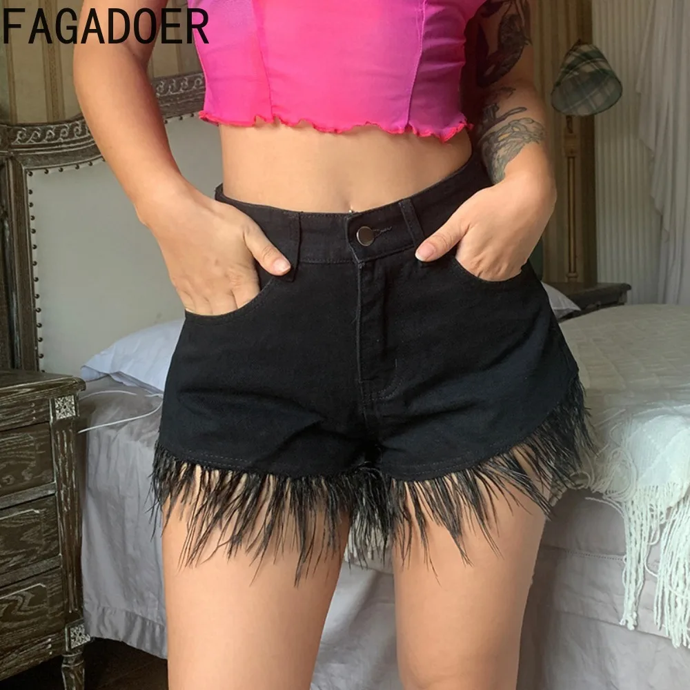 FAGADOER Black Fashion Denim Feather Splicing Shorts Women High Waist Button Pocket Slim Jean Casual Female Cowboy Bottoms 2024